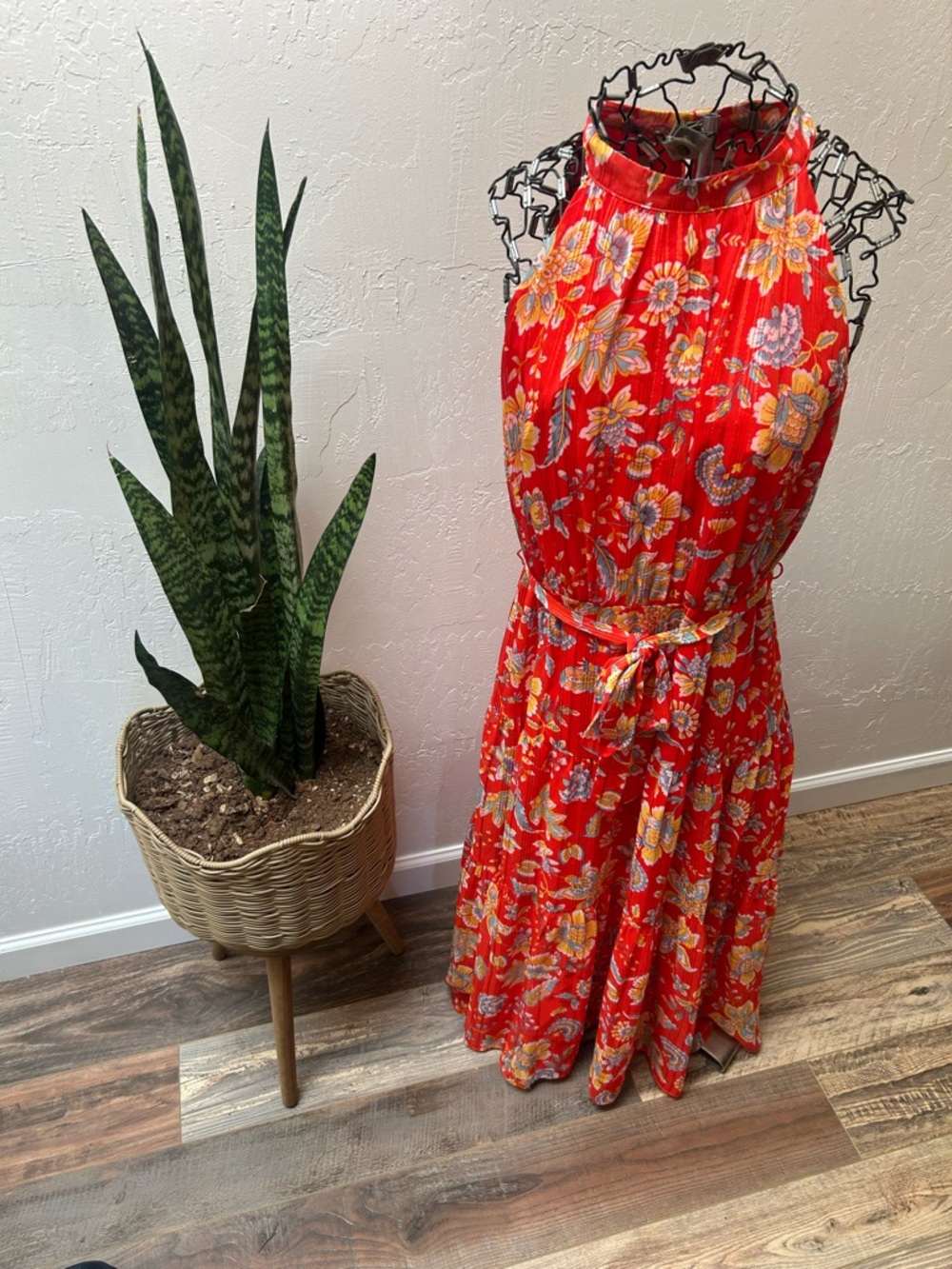 Nanette Lepore Red Floral Midi Dress Belted Pleated Sleeveless High Neck Size 10